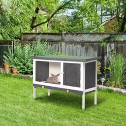 image-Wooden Rabbit Hutch Small Pet Habitat w/ Dropping Tray Openable Asphalt Roof