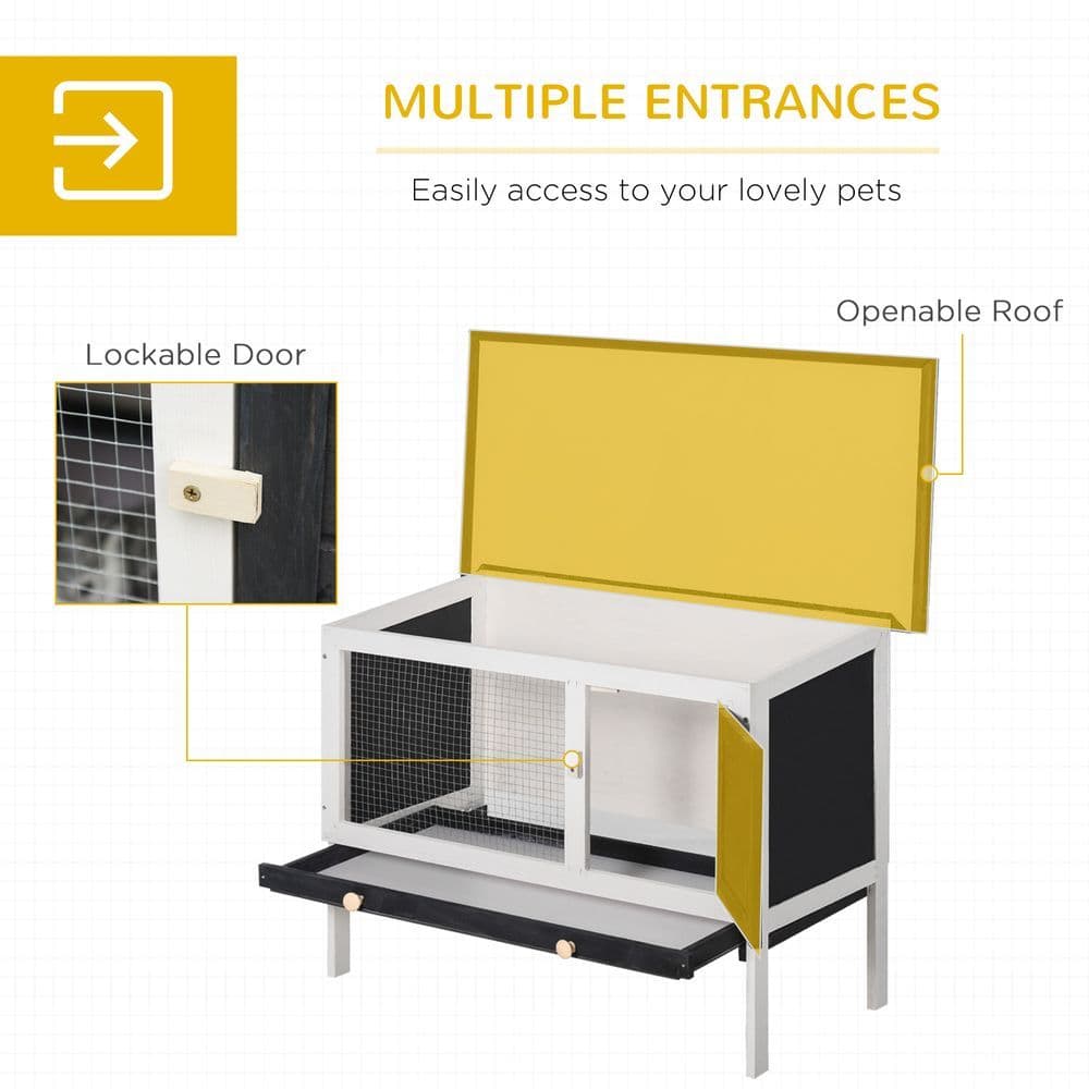 image-Wooden Rabbit Hutch Small Pet Habitat w/ Dropping Tray Openable Asphalt Roof