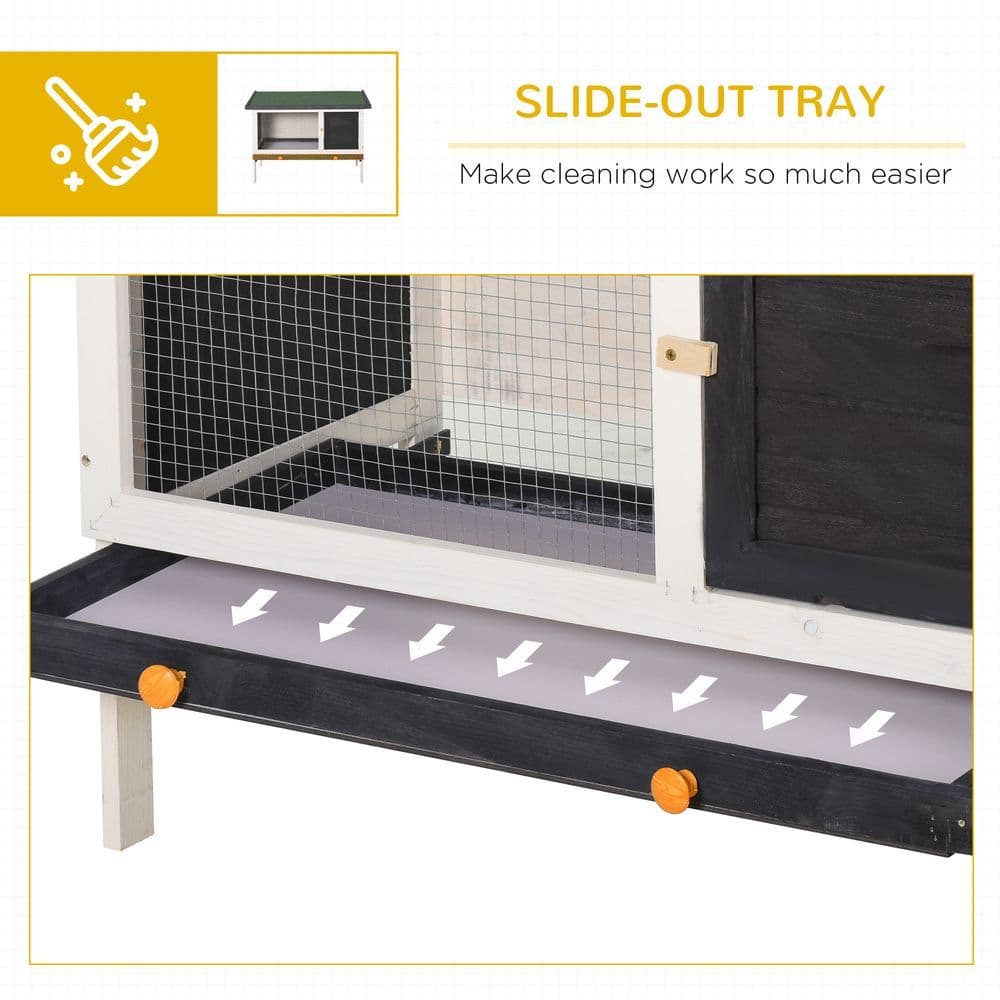 image-Wooden Rabbit Hutch Small Pet Habitat w/ Dropping Tray Openable Asphalt Roof