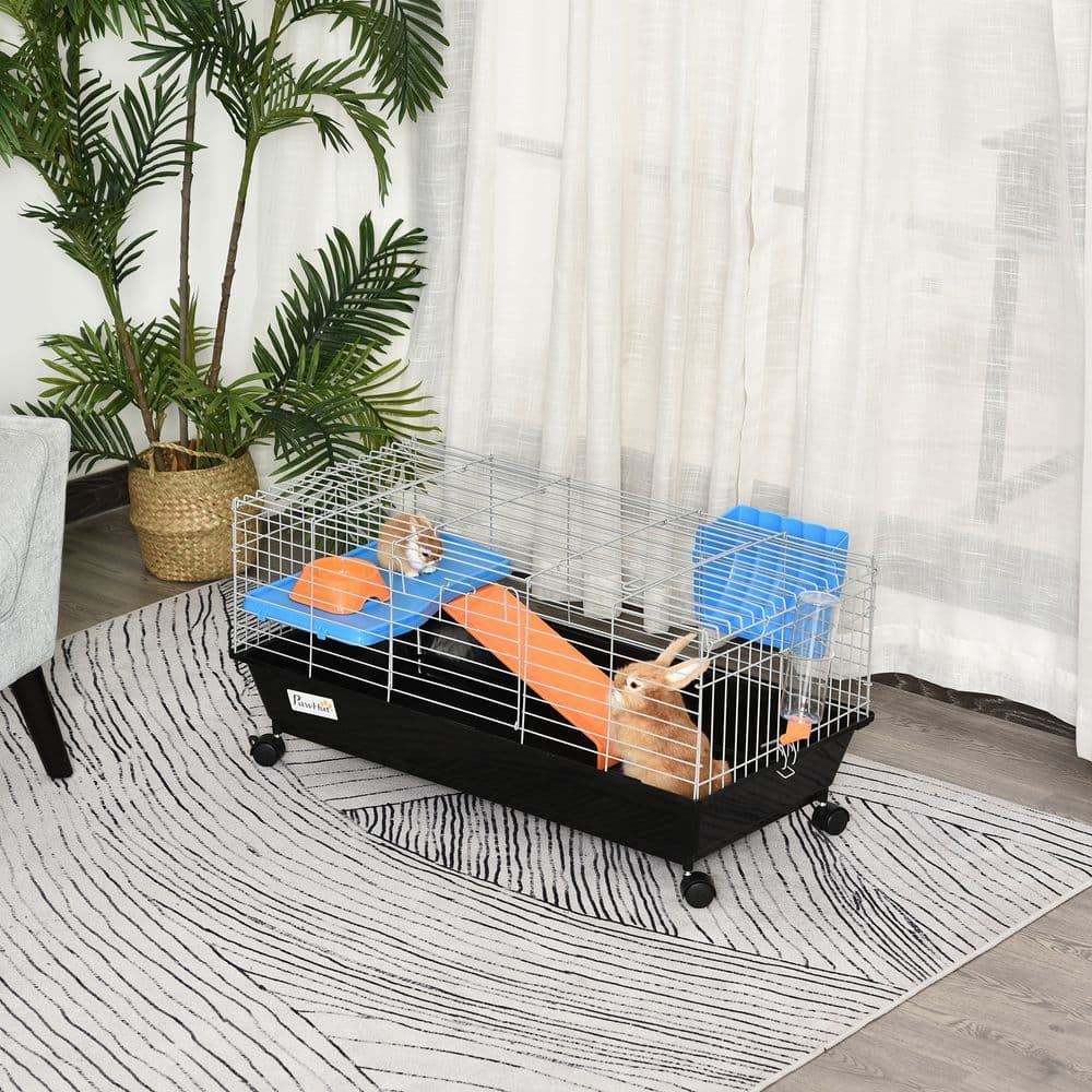 image-89cm Small Animal Home Cage for Rabbit Ferret Chinchilla w/ Wheels Black