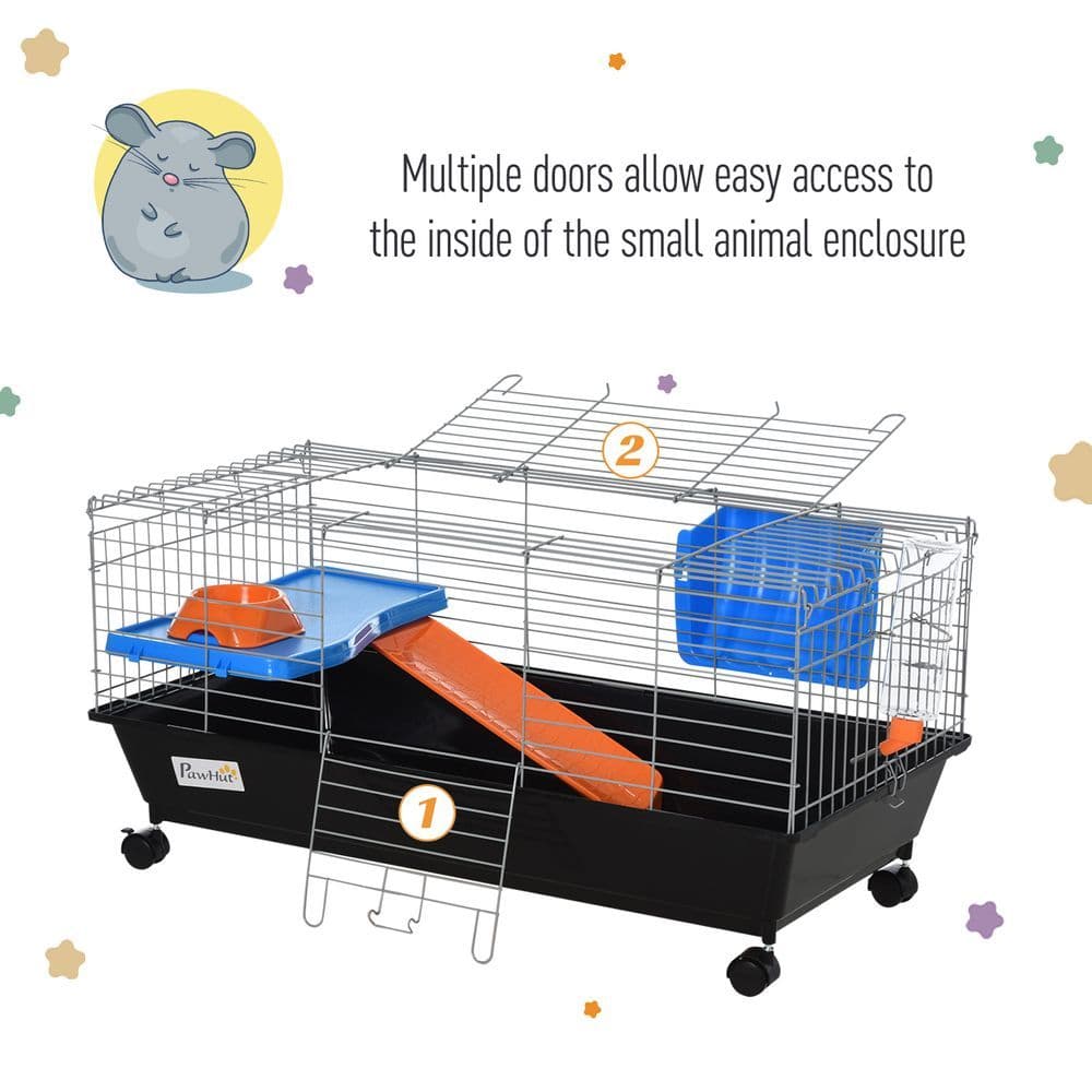 image-89cm Small Animal Home Cage for Rabbit Ferret Chinchilla w/ Wheels Black