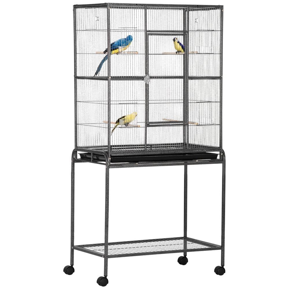 image-Rolling Bird Cage w/ Detachable Stand, Storage Shelf, Wood Perch, Food Container