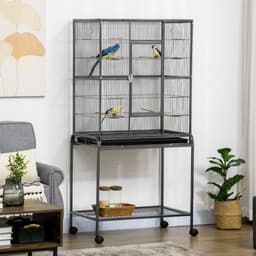 image-Rolling Bird Cage w/ Detachable Stand, Storage Shelf, Wood Perch, Food Container