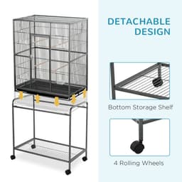 image-Rolling Bird Cage w/ Detachable Stand, Storage Shelf, Wood Perch, Food Container