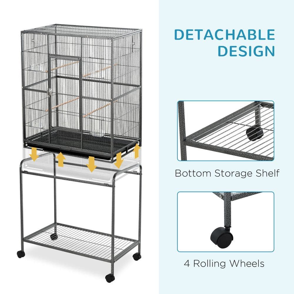 image-Rolling Bird Cage w/ Detachable Stand, Storage Shelf, Wood Perch, Food Container