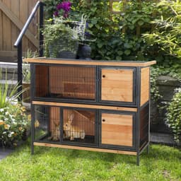 image-Wooden Metal Rabbit Hutch Pet House Bunny w/ Slide-Out Tray Outdoor Light Yellow