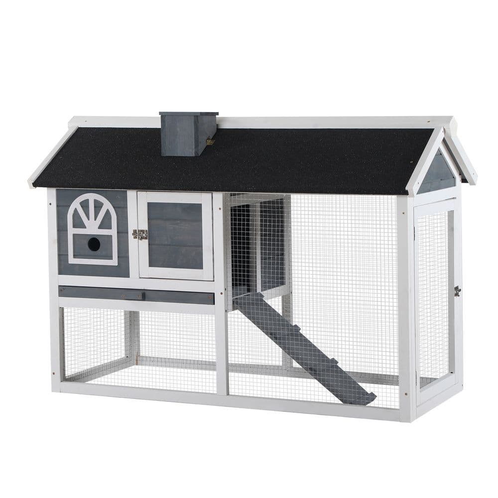 image-Rabbit Hutch Wood Bunny Cage for Outdoor Indoor w/ Pull Out Tray Run Box Ramp