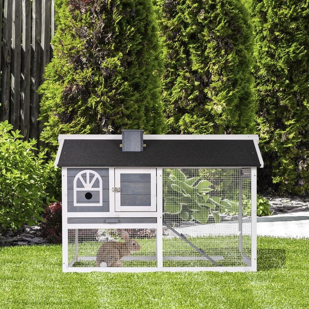image-Rabbit Hutch Wood Bunny Cage for Outdoor Indoor w/ Pull Out Tray Run Box Ramp