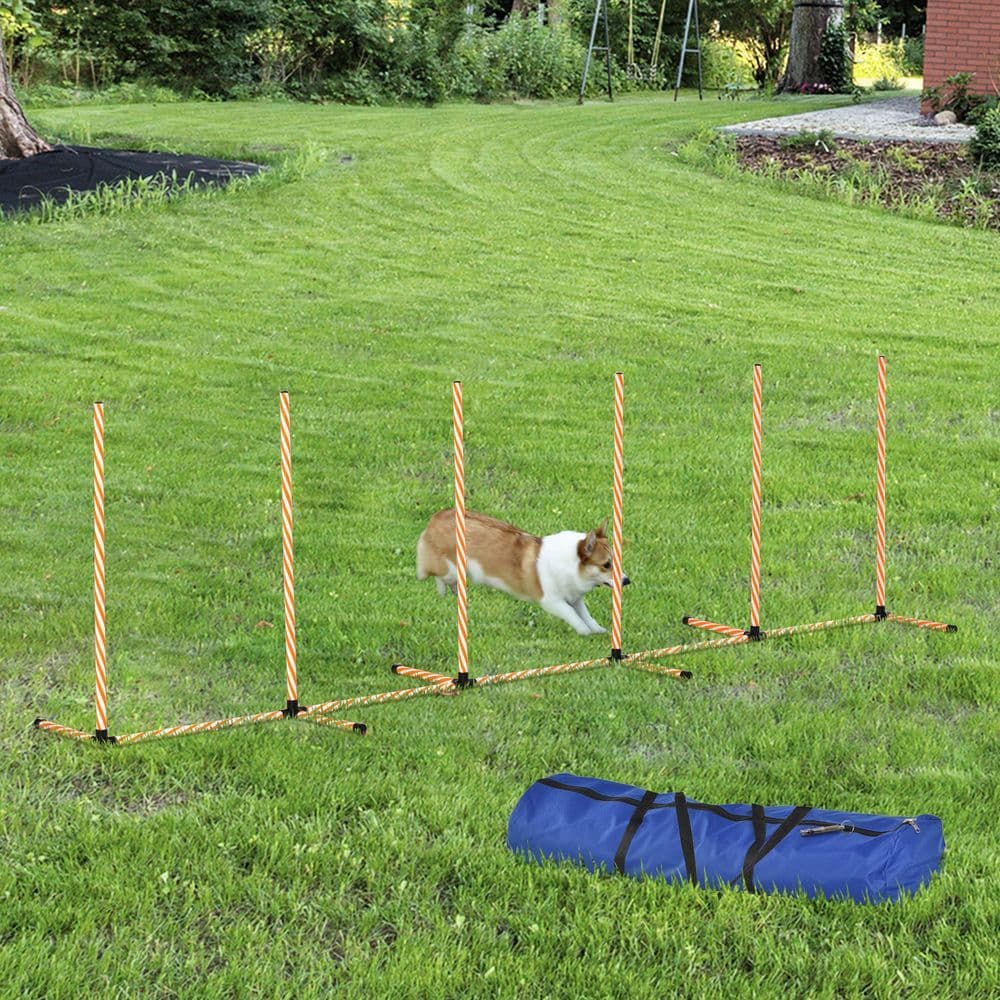 image-Dog Agility Weave Poles Training Obstacle Course Set Slalom Equipment w/ Whistle