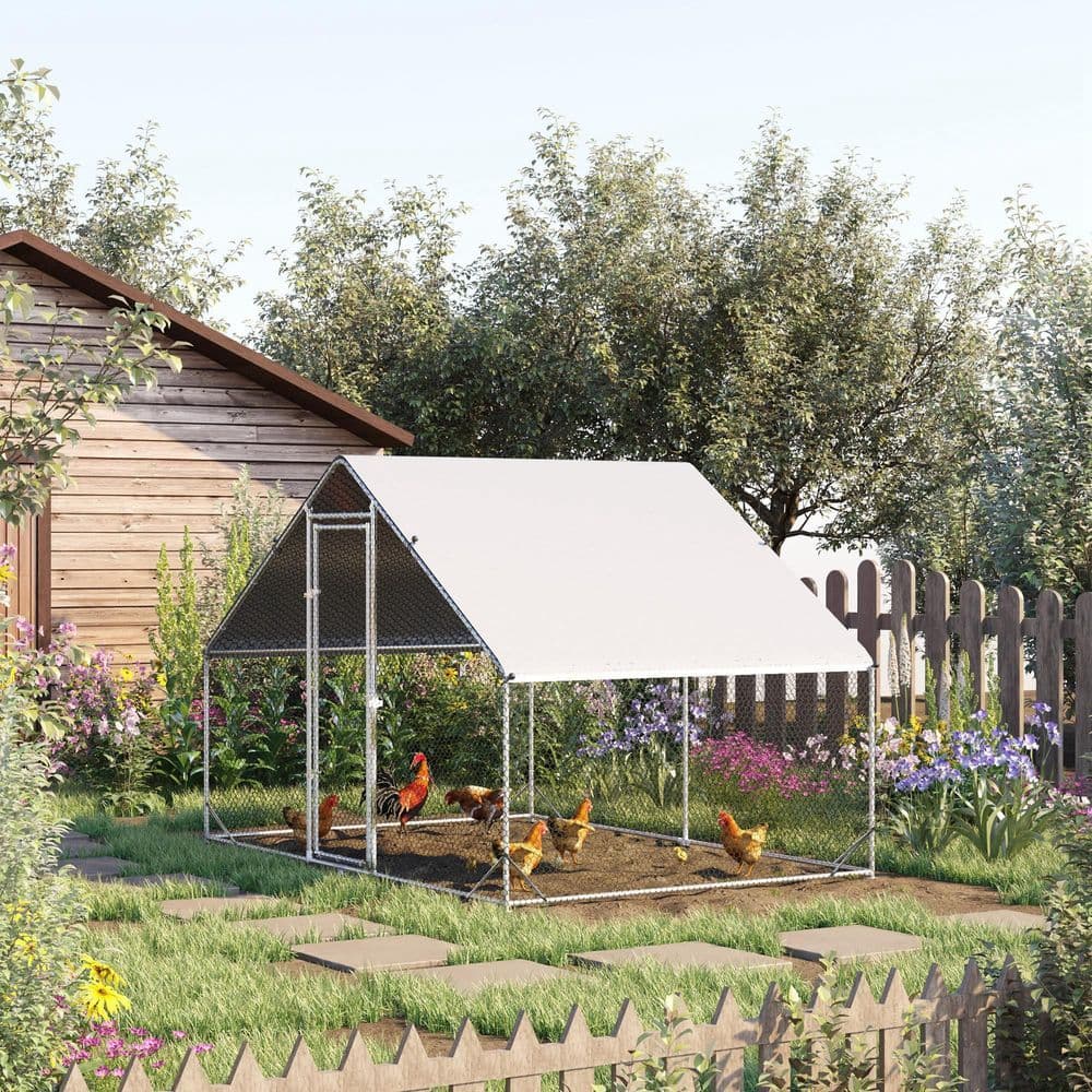 image-Walk In Chicken Run Galvanized Chicken Coop Hen House w/ Water-Resist Cover