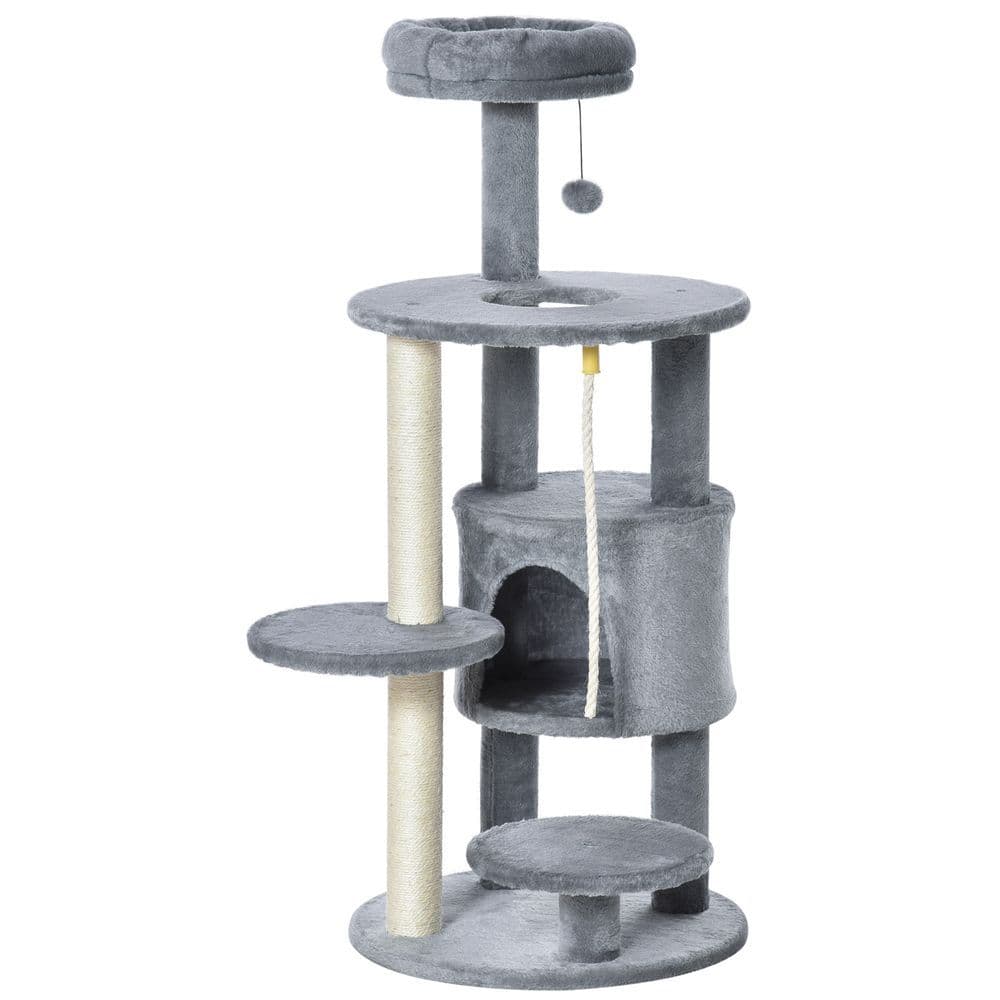 image-Cat Tree Tower Activity Center with Hanging Ball Toy Teasing Rope Dark grey
