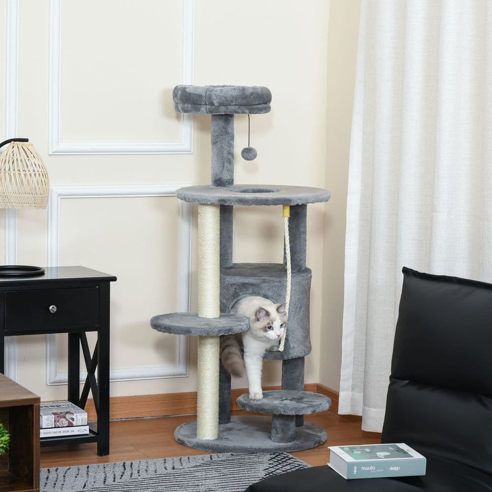 image-Cat Tree Tower Activity Center with Hanging Ball Toy Teasing Rope Dark grey