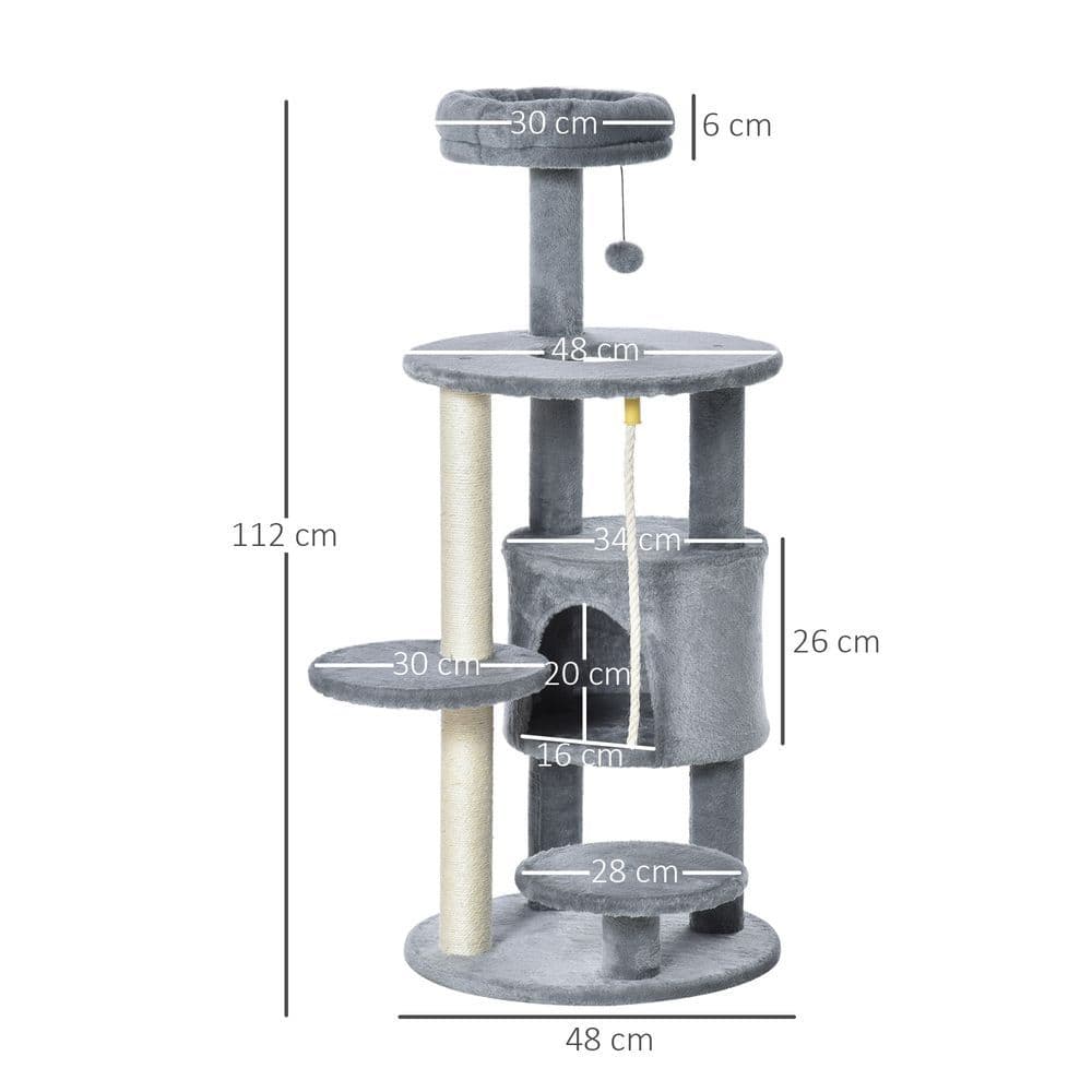 image-Cat Tree Tower Activity Center with Hanging Ball Toy Teasing Rope Dark grey