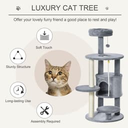 image-Cat Tree Tower Activity Center with Hanging Ball Toy Teasing Rope Dark grey
