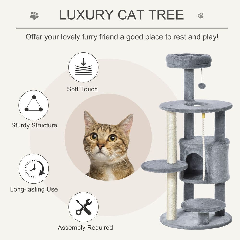 image-Cat Tree Tower Activity Center with Hanging Ball Toy Teasing Rope Dark grey