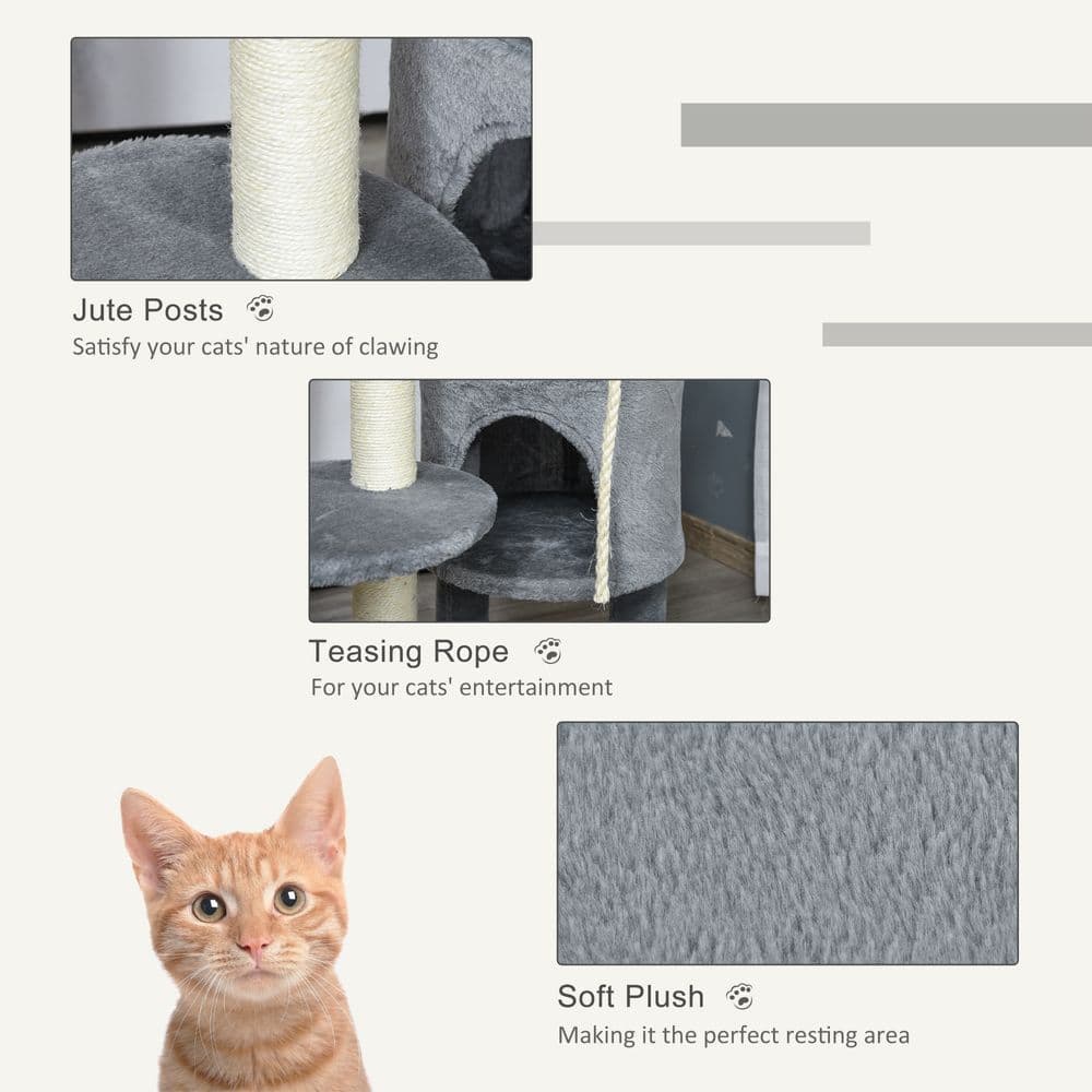 image-Cat Tree Tower Activity Center with Hanging Ball Toy Teasing Rope Dark grey