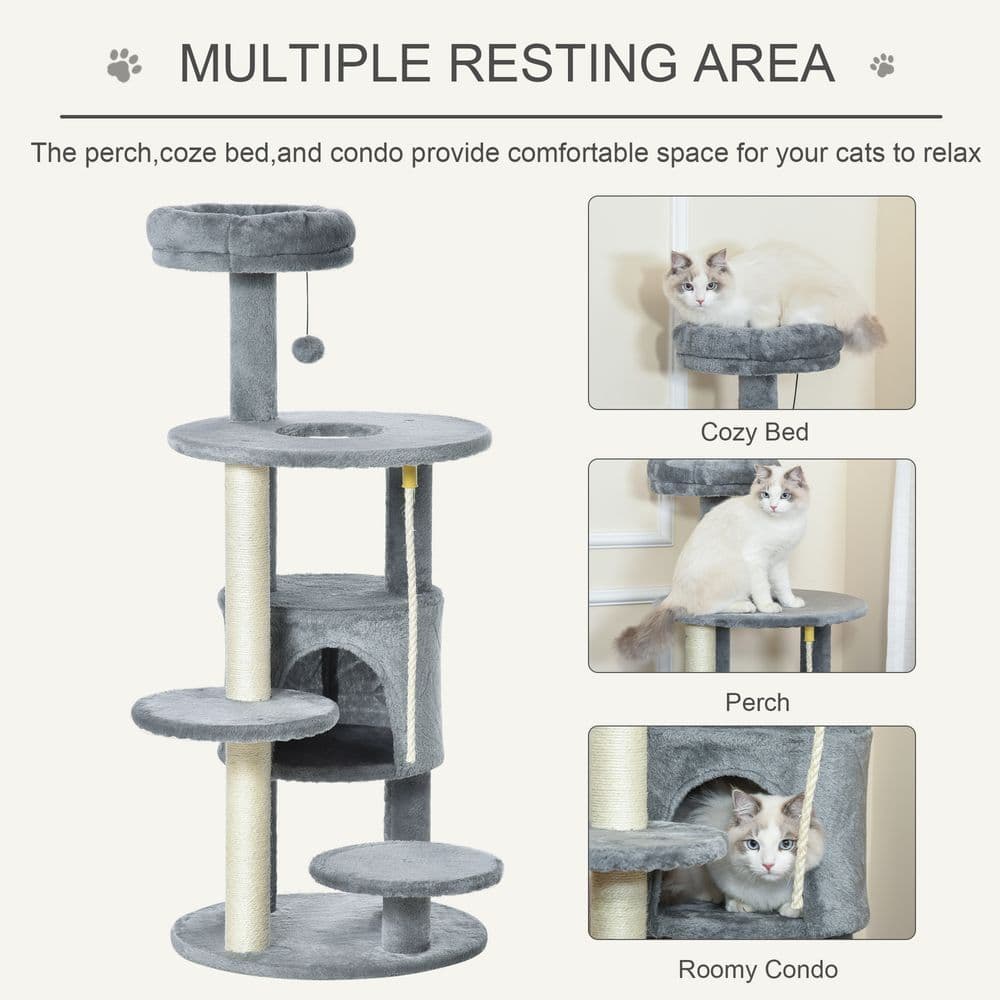image-Cat Tree Tower Activity Center with Hanging Ball Toy Teasing Rope Dark grey