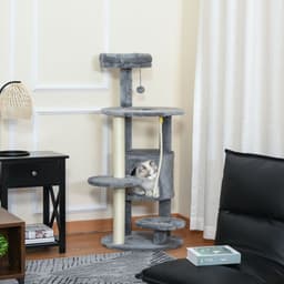 image-Cat Tree Tower Activity Center with Hanging Ball Toy Teasing Rope Dark grey