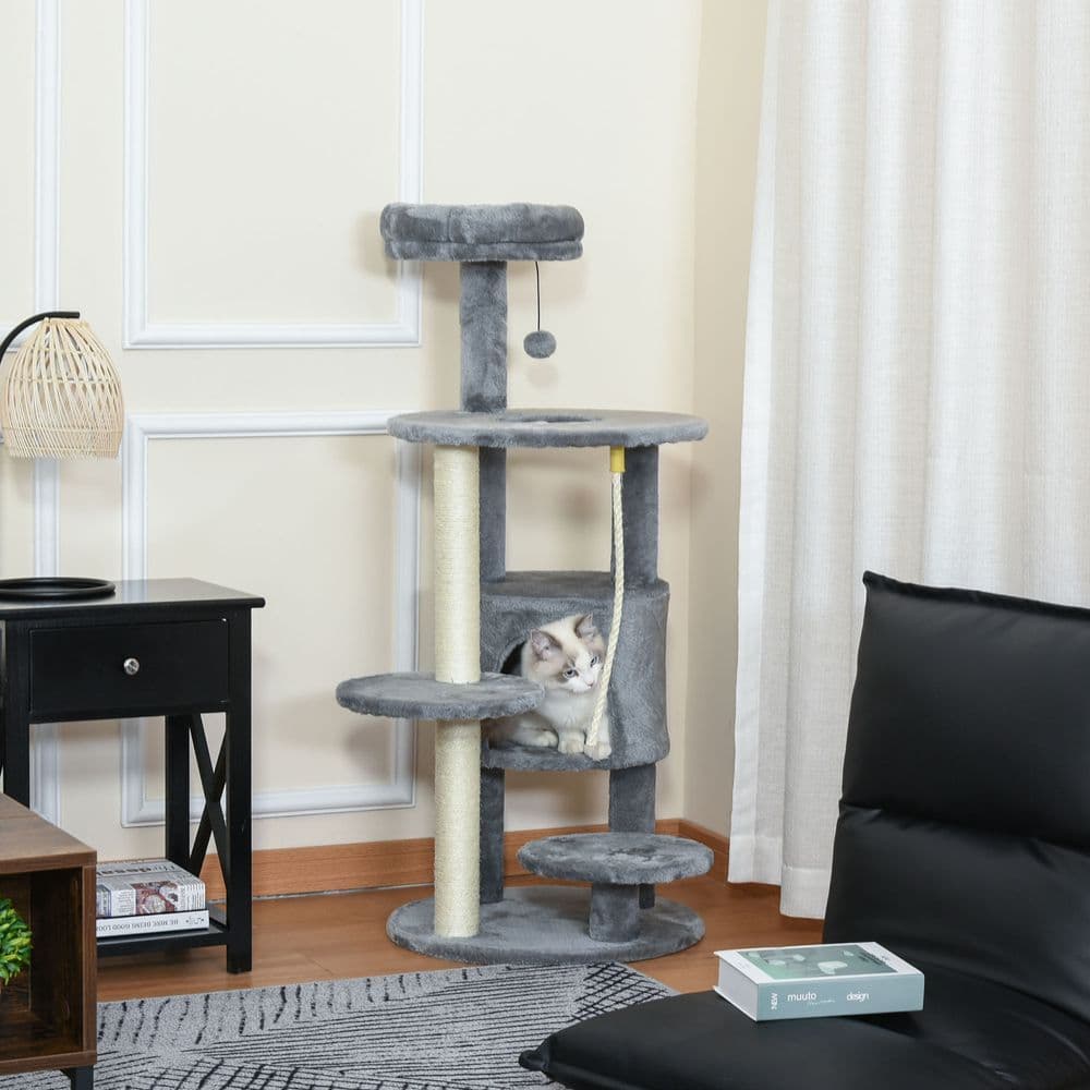 image-Cat Tree Tower Activity Center with Hanging Ball Toy Teasing Rope Dark grey