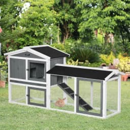image-Two-Tier Wooden Rabbit Hutch Small Animal House w/ Run Box, Slide-Out Tray, Ramp