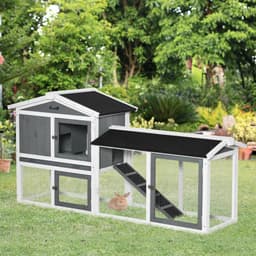 image-Two-Tier Wooden Rabbit Hutch Small Animal House w/ Run Box, Slide-Out Tray, Ramp
