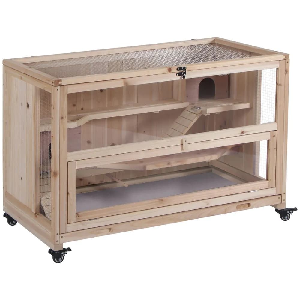 image-3-Tier Wooden Hamster Cage, Roden Small Animals Hutch, Ladders, Natural Wood