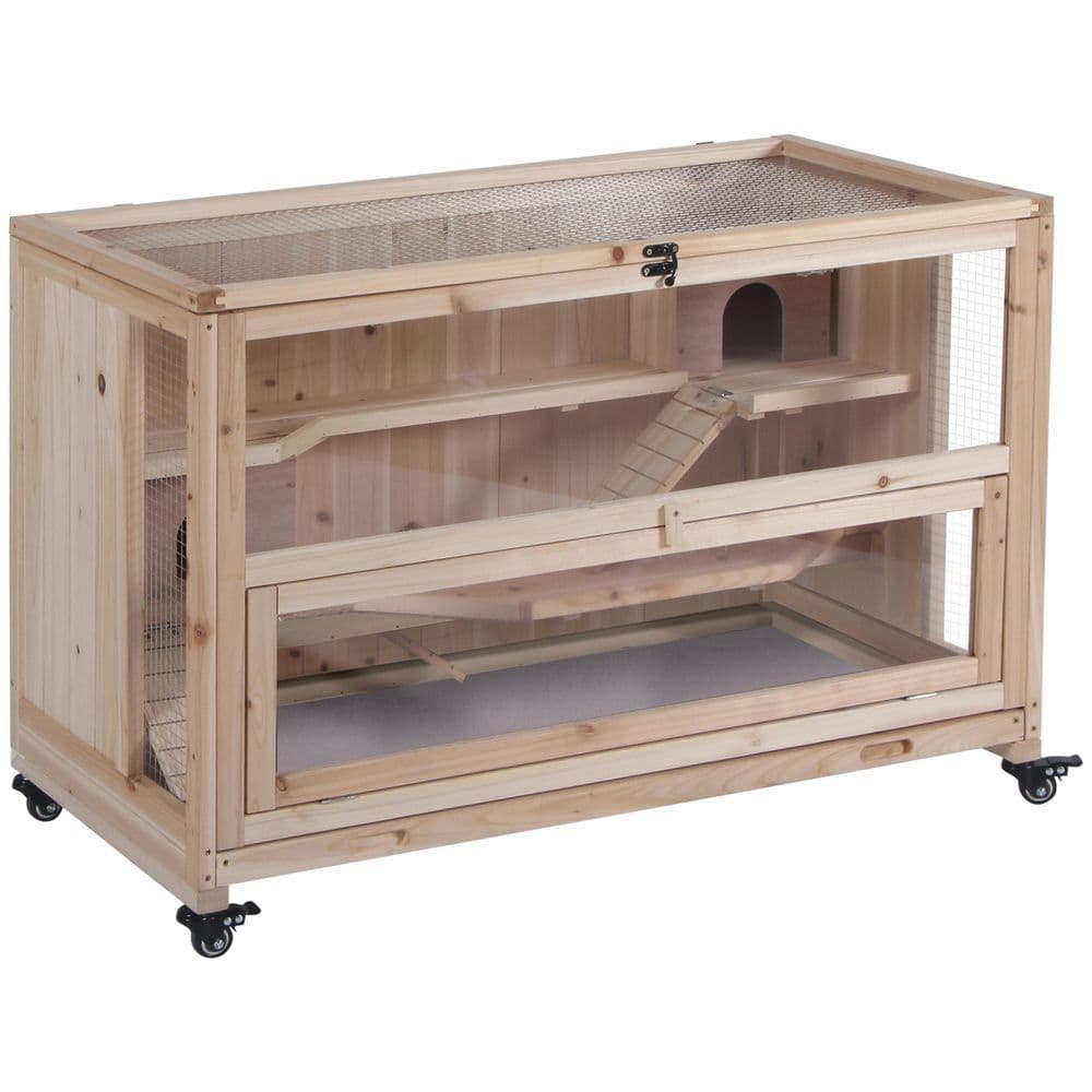 image-3-Tier Wooden Hamster Cage, Roden Small Animals Hutch, Ladders, Natural Wood
