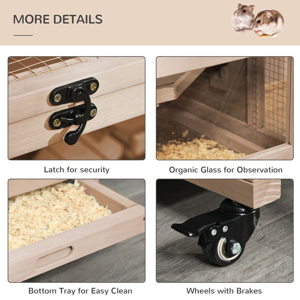 image-3-Tier Wooden Hamster Cage, Roden Small Animals Hutch, Ladders, Natural Wood