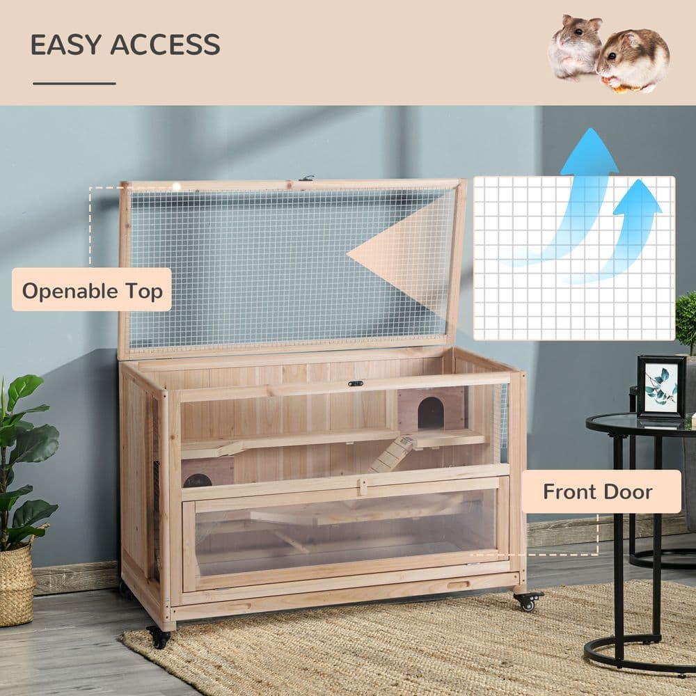 image-3-Tier Wooden Hamster Cage, Roden Small Animals Hutch, Ladders, Natural Wood