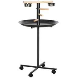 image-Bird Play Stand Portable Feeder Station w/ Wooden Perches, Stainless Steel Bowls