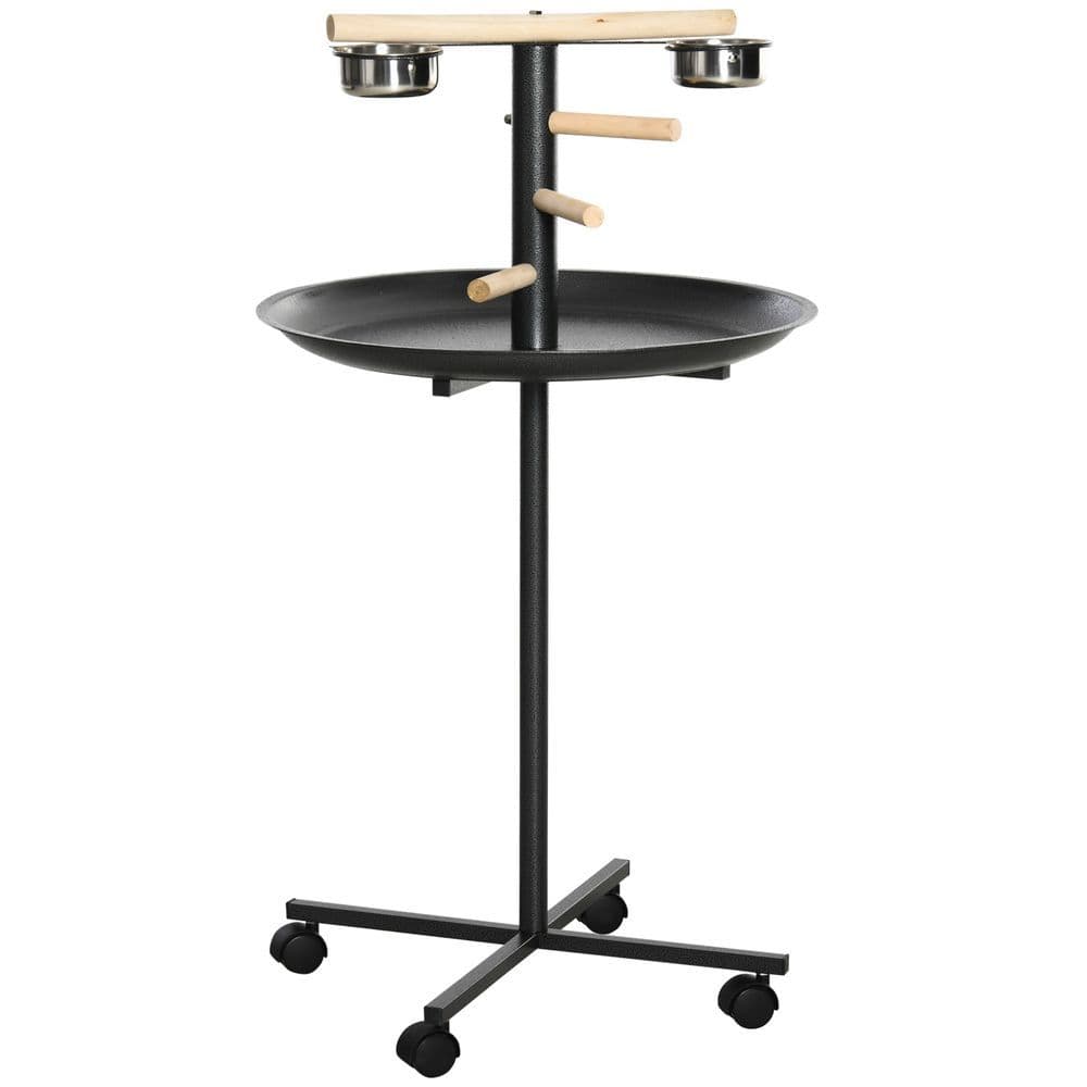 image-Bird Play Stand Portable Feeder Station w/ Wooden Perches, Stainless Steel Bowls