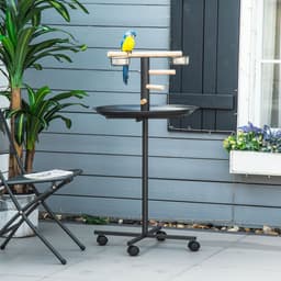 image-Bird Play Stand Portable Feeder Station w/ Wooden Perches, Stainless Steel Bowls