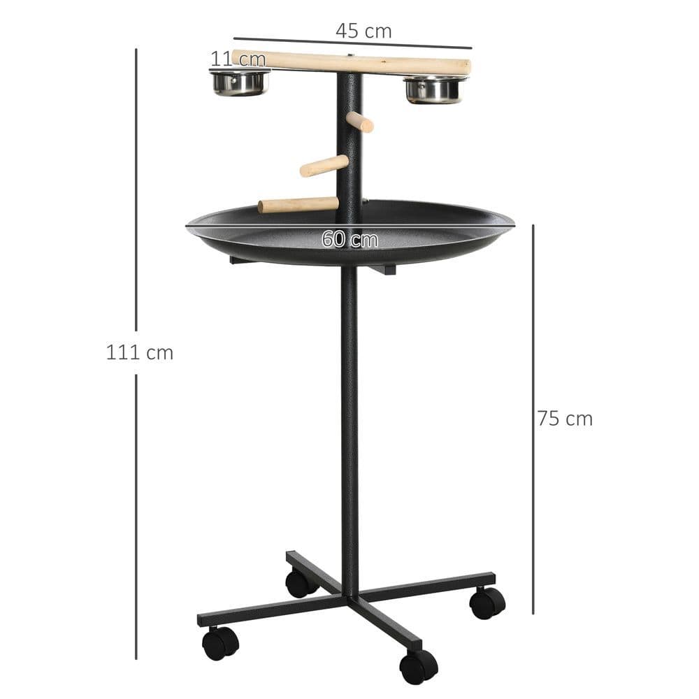 image-Bird Play Stand Portable Feeder Station w/ Wooden Perches, Stainless Steel Bowls