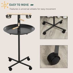 image-Bird Play Stand Portable Feeder Station w/ Wooden Perches, Stainless Steel Bowls
