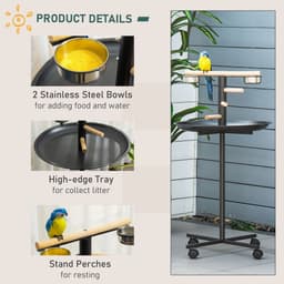 image-Bird Play Stand Portable Feeder Station w/ Wooden Perches, Stainless Steel Bowls