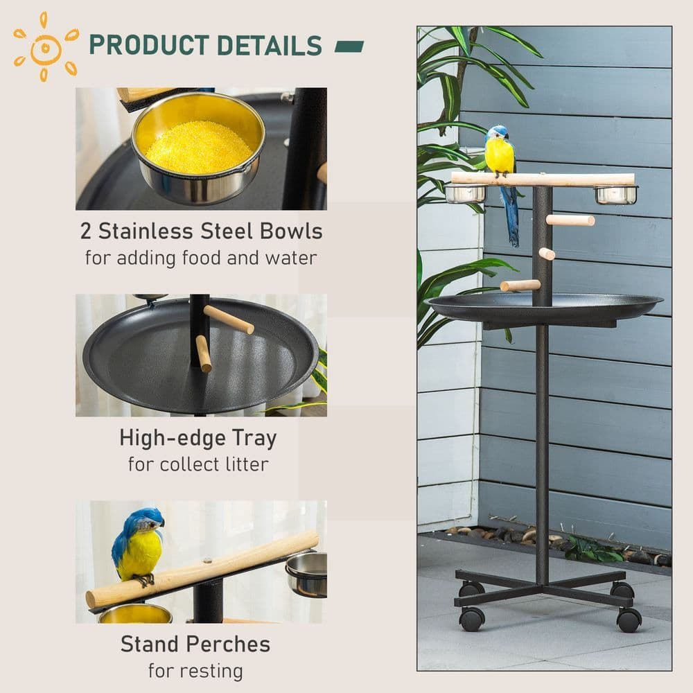 image-Bird Play Stand Portable Feeder Station w/ Wooden Perches, Stainless Steel Bowls