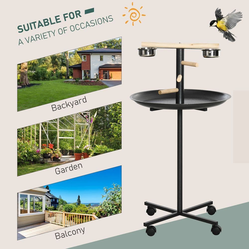 image-Bird Play Stand Portable Feeder Station w/ Wooden Perches, Stainless Steel Bowls