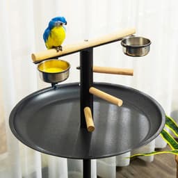 image-Bird Play Stand Portable Feeder Station w/ Wooden Perches, Stainless Steel Bowls