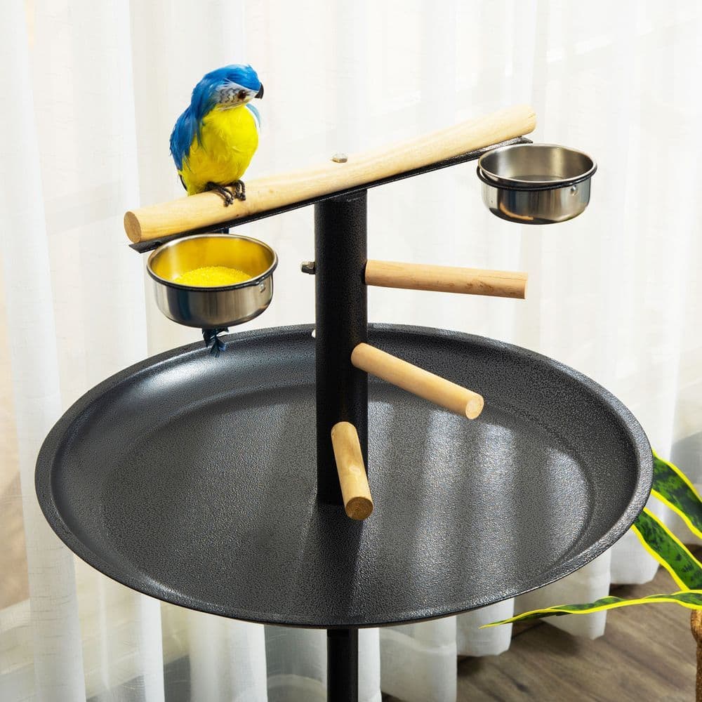image-Bird Play Stand Portable Feeder Station w/ Wooden Perches, Stainless Steel Bowls