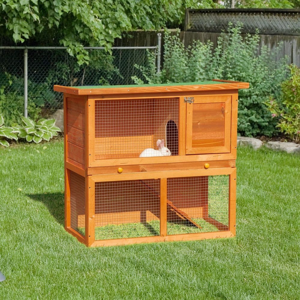 image-2-tier Rabbit Hutch Small Animal Wooden Bunnies House Outdoor Backyard 2 Sizes