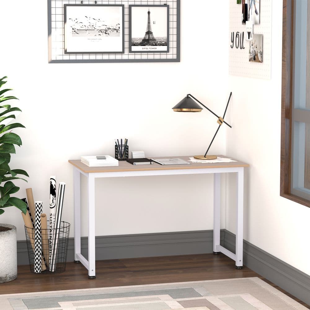 image-Computer Desk W/ White Metal Frame MDF, 120W x 60D x 76Hcm-Oak Grain Tone