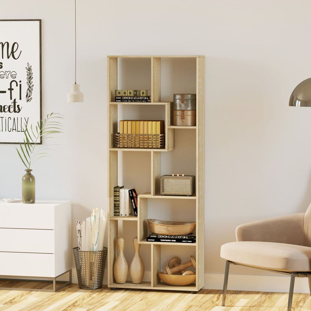 image-178cm 8-Shelf Bookcase w/ Melamine Surface Oak Tone Multipurpose 8-Grid