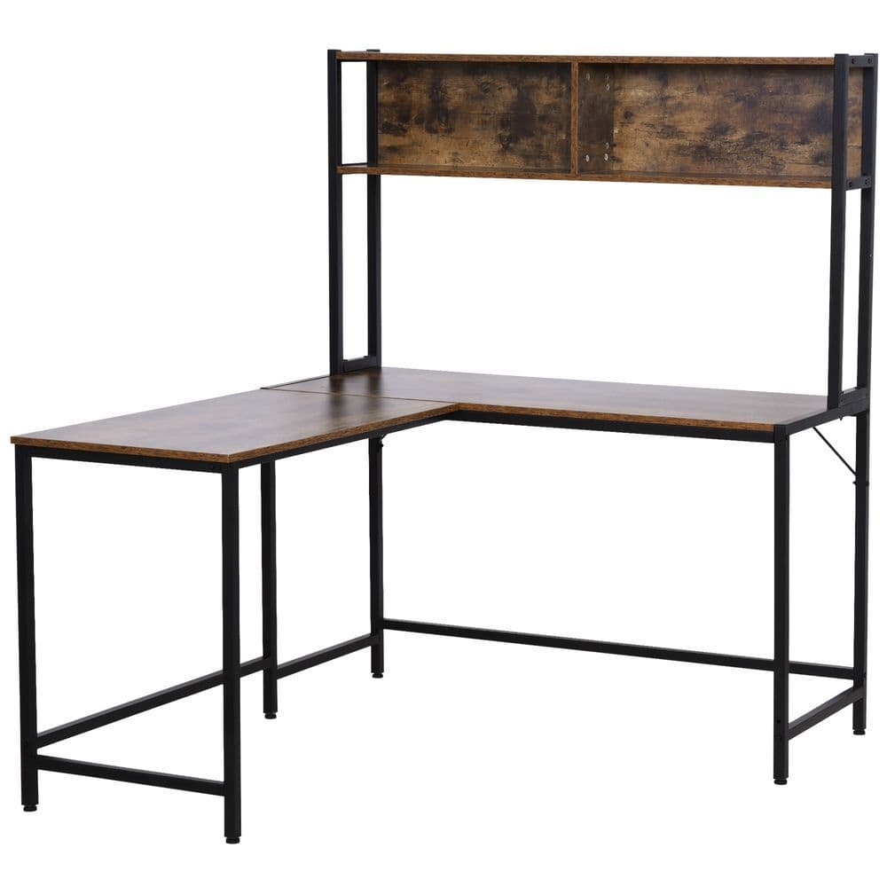 image-149x140x125cm Industrial L-Shaped Desk w Shelf - Brown & Black