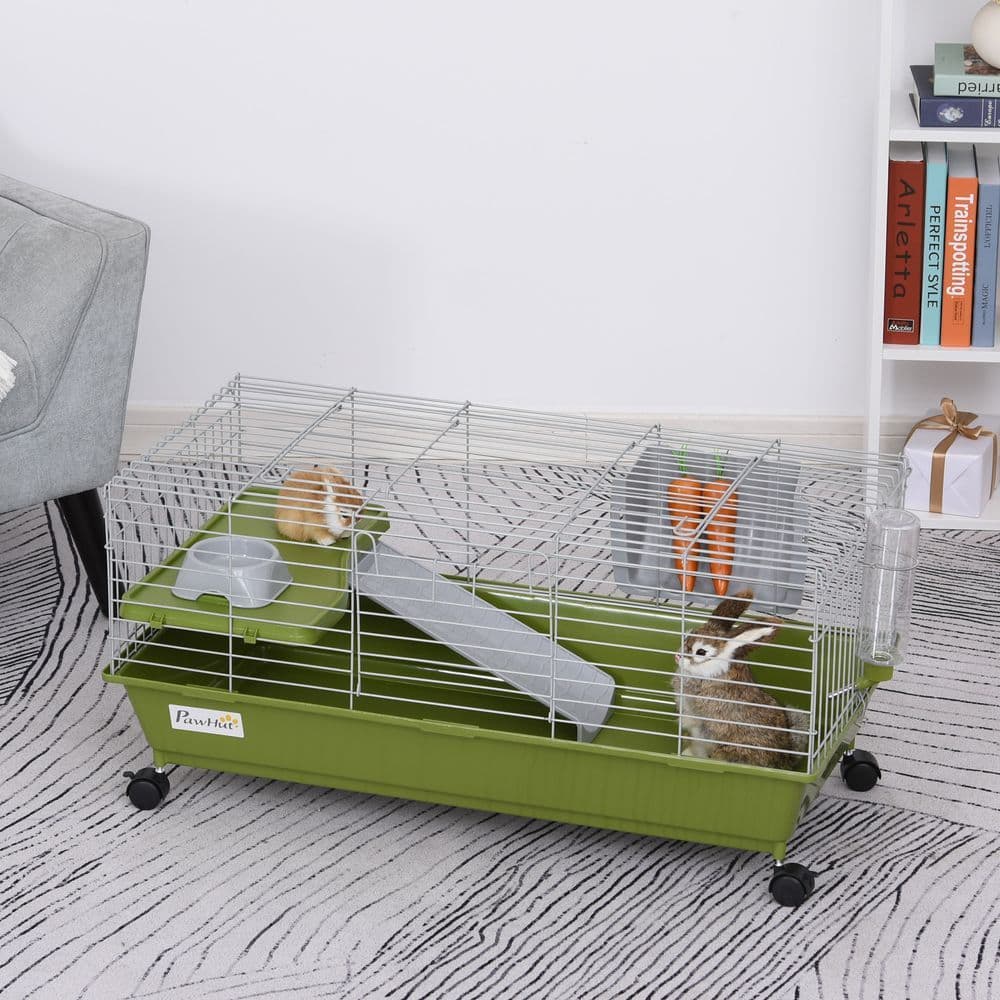 image-89cm Small Animal Home Cage for Rabbit Ferret Chinchilla w/ Wheels Green