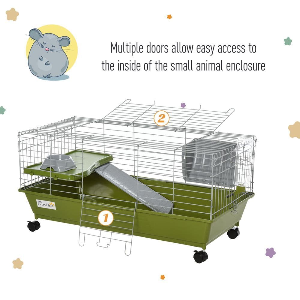 image-89cm Small Animal Home Cage for Rabbit Ferret Chinchilla w/ Wheels Green