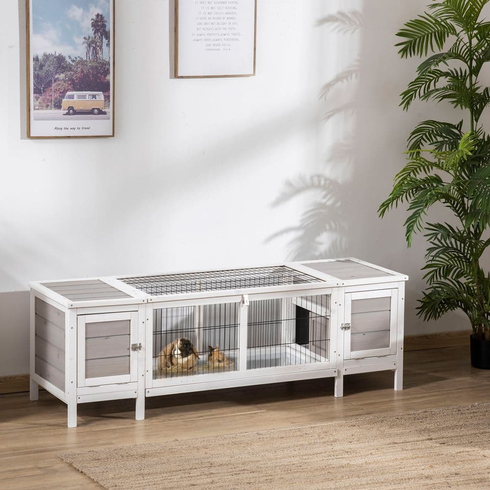 image-Indoor Rabbit Hutch Separable Guinea Pig Cage Bunny Run w/ Slide Out Tray - Grey