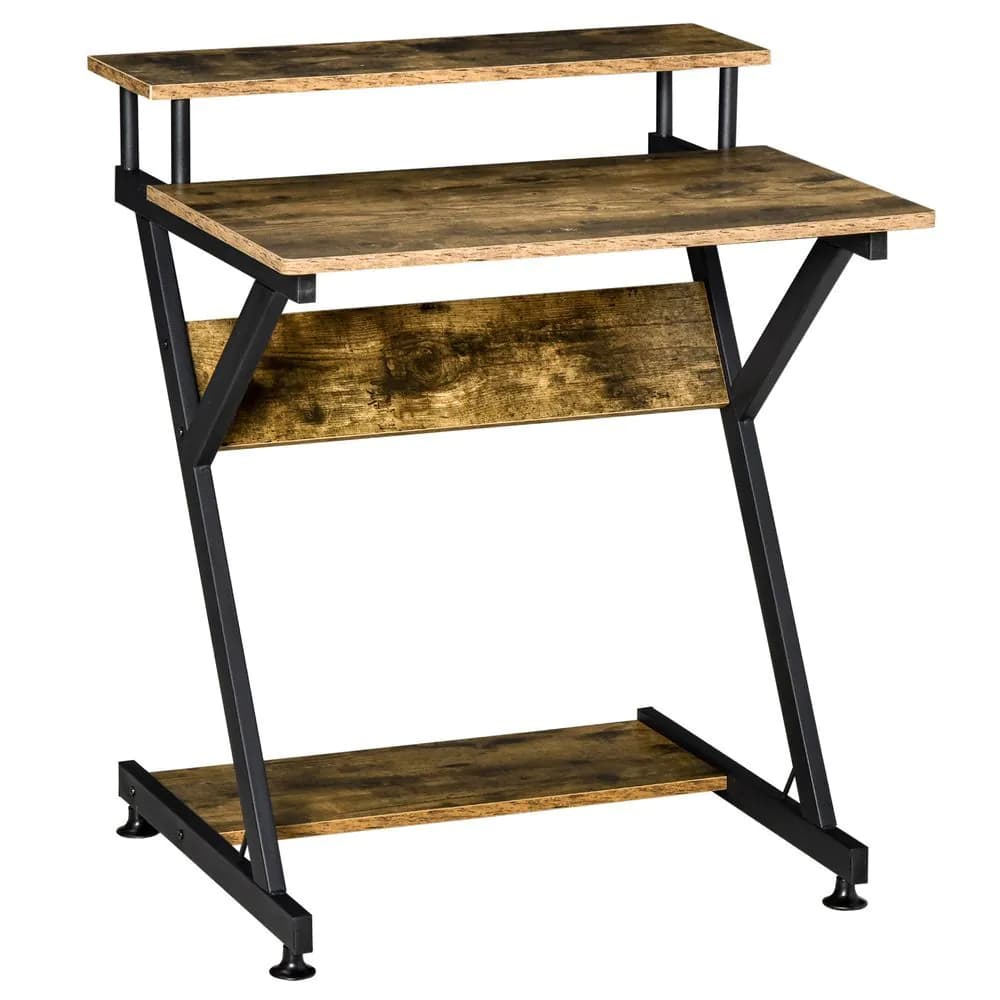 image-Computer Desk with Monitor Shelf and Storage, R Shaped Brown