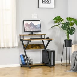 image-Computer Desk with Monitor Shelf and Storage, R Shaped Brown