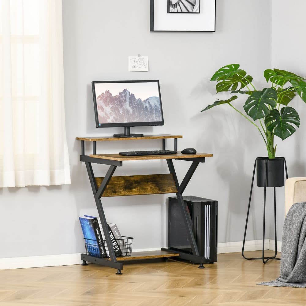 image-Computer Desk with Monitor Shelf and Storage, R Shaped Brown