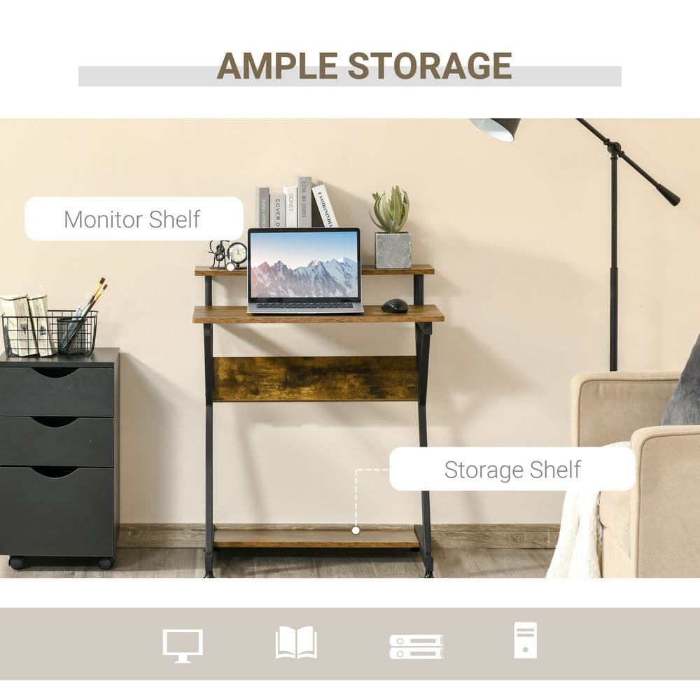 image-Computer Desk with Monitor Shelf and Storage, R Shaped Brown